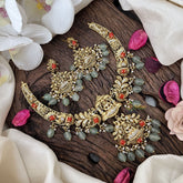 Premium AD Stone Lakshmi Hasli-Coral-Pastel Green Bead-G18493